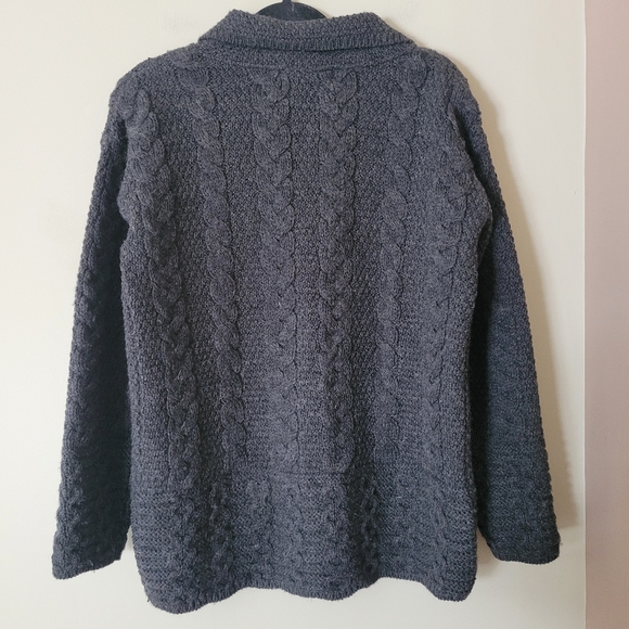 Vintage Aran Merino Wool Cable Knit Fisherman Cardigan Grey - Picture 2 of 8